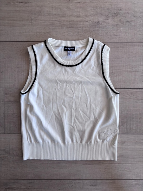 Karl Lagerfeld Sweaters - Karl Lagerfeld White Knit Sleeveless Sweater Vest Embroidered Logo Black Trim L